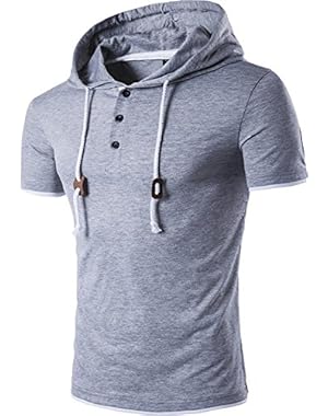 Mens Casual Short Sleeve Drawstring Hoodie Slim Fit T-Shirt Tee Tops JZA046