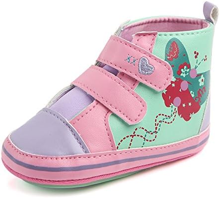 Demonda Baby Girls PU Leather Candy Color Ankle Boots Booties First Walker Shoes Crib Shoes with Butterfly & Heart Patterns 0-18 Months (0-6 Months, Pink&Green)