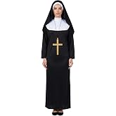 LKJ Halloween Nun Costume for Women Cosplay Costume Dress Outfit Nun Habit With Nun Hat&amp;White Collar&amp; Cross Pendant