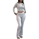 AYWA Women's 2 Piece Outfits Foldover Flare Pants Long Sleeve Crew Neck T-shirt Fitted Pajama Sets