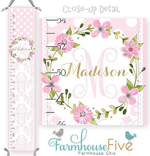 Wreath of Flowers Pink Damask and Polka Dots with Gold Accents Canvas Girls Growth Chart