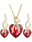 Gift! Gold Plated necklace Sets For Women Crystal Heart Necklace Earrings Jewellery Set Bridal Wedding Accessories (Red)