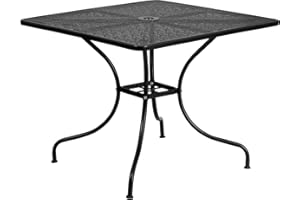 Flash Furniture Oia Commercial Grade 35.5" Square Black Indoor-Outdoor Steel Patio Table with Umbrella Hole