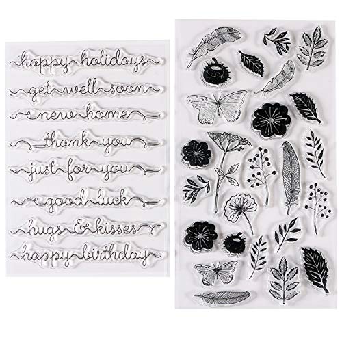2 Sets Clear Stamps for Cards Making, Kissbuty Flowers Leaves Words Just for You Happy Birthday Thank You Silicone Stamps Blessing Words Decorative Clear Stamps for Card Decoration and Scrapbooking - Thumbnail 5