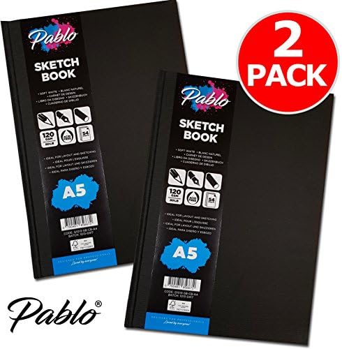 PABLO® Hardback Casebound Sketch Book (Twin Pack) – 120gsm, 54 acid free sheets. Ideal for pencil sketches & drawing compositions in charcoal, coloured pencil or graphite plus watercolour roughs (A5)