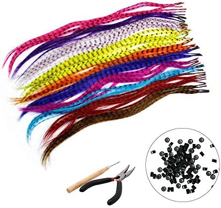 Blinngo 35 PCS Synthetic Hair Extension with 100 Beads,Pliers and Hook Straight Hair Feather Quality Multi-color Set Kit