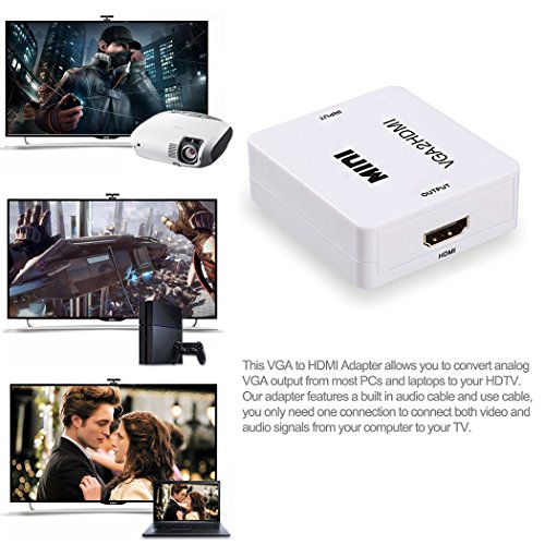 VGA to HDMI, 1080P VGA and Audio to Video Converter Box Adapter for HDTVs, Monitors/Displays, Laptop Desktop Computer (white1) (VGA to HDMI)