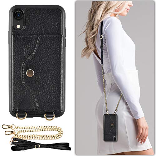 LAMEEKU iPhone XR Crossbody Case, iPhone XR Wallet Case with Credit Card Holder, Protective Leather Case Cover with Cross Body Chain and Wrist Strap for Apple iPhone XR(2018) 6.1