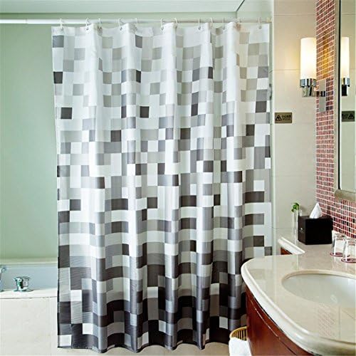 100% Polyester Shower Curtain, White Black Grey Square Pattern No Transparent Textile Washable Waterproof Bathroom Washroom With Enough Rings Hooks , 220*200cm