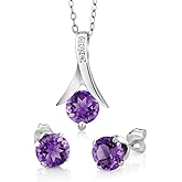 Gem Stone King 925 Sterling Silver Purple Amethyst and White Moissanite Pendant and Earrings Jewelry Set For Women | 2.25 Carat | Gemstone Birthstone | with 18 Inch Silver Chain