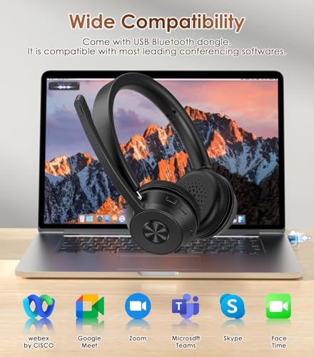 Bluetooth Wireless Headset with Noise Cancelling Microphone, Best Headset with Mic Mute & USB Dongle for PC/Computer/Laptop/Cell Phones/Remote Work/Call Center