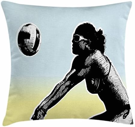 Volleyball Throw Pillow Cushion Cover, Beach Sport Woman Silhouette Hitting the Ball Pattern Sketch Style, Decorative Square Accent Pillow Case, 18 X 18 Inches, Black Aqua Pale Green