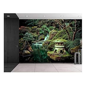 Wall26 - Little Shrine Sitting on a Rock on a Lake with a Waterfall - Wall Mural, Removable Sticker, Home Decor - 66x96 inches