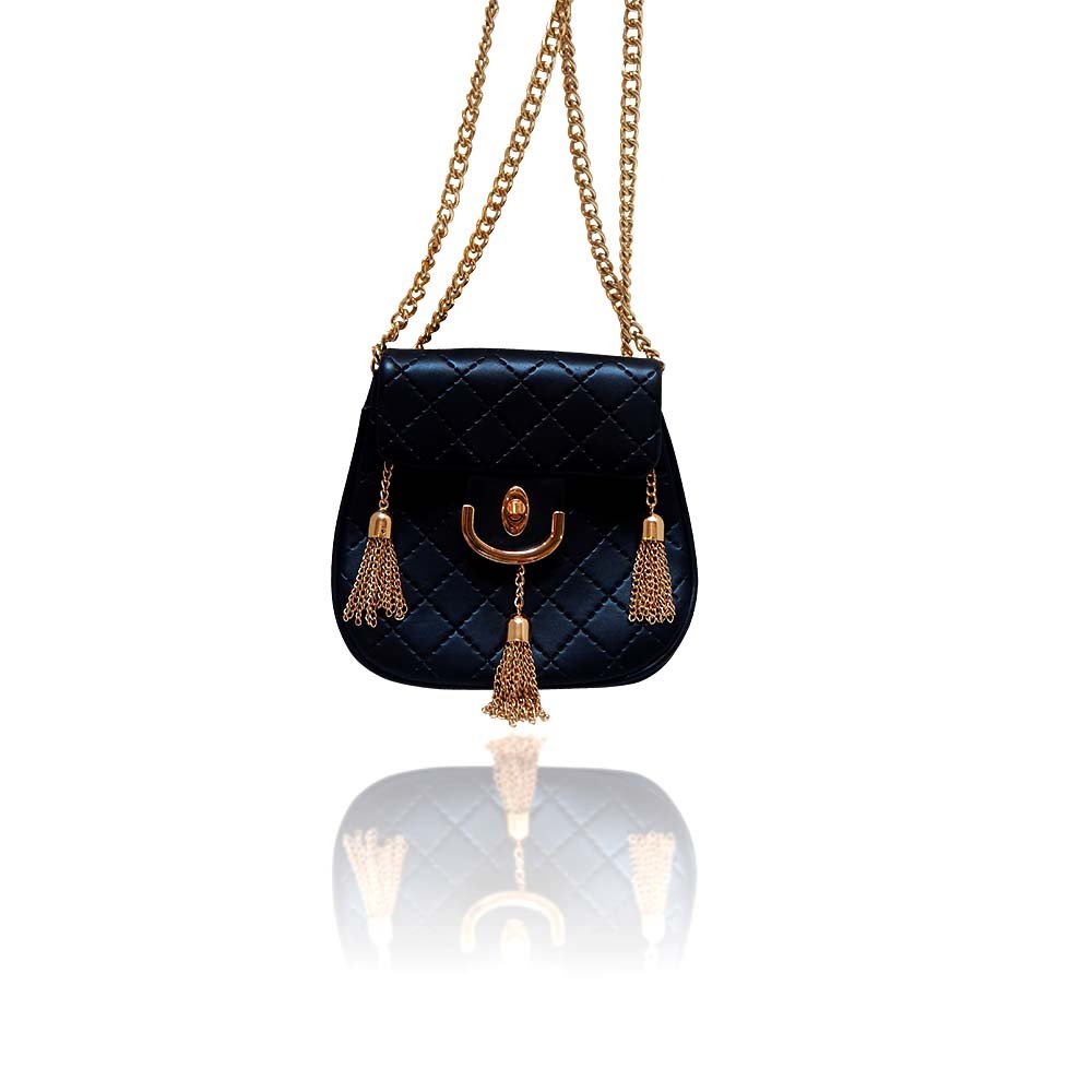 Beaute Bags Classic Quilted Black Vegan Leather Gold Chain