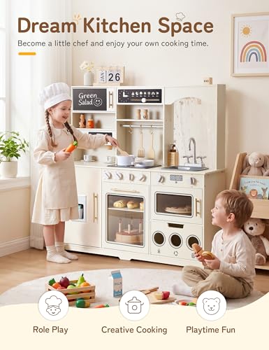 besrey Play Kitchen for Kids, Wooden Kids Play Kitchen Playset with Real Lights & Sounds, Toddler Toy Kitchen with Fun Cookware Accessories, Pretend Play Kitchen Gift for Age 3+