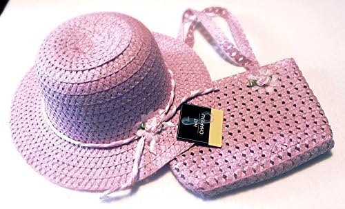 Girls Floral Flat Brim Sun Hat and Tote Purse Easter Tea Party Two Piece Accessory Set (Pink)