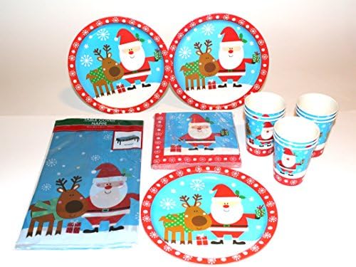 Christmas Santa Claus Dinnerware Set and Holiday Party Bundle - Paper Plates, cups, Napkins and Tablecover