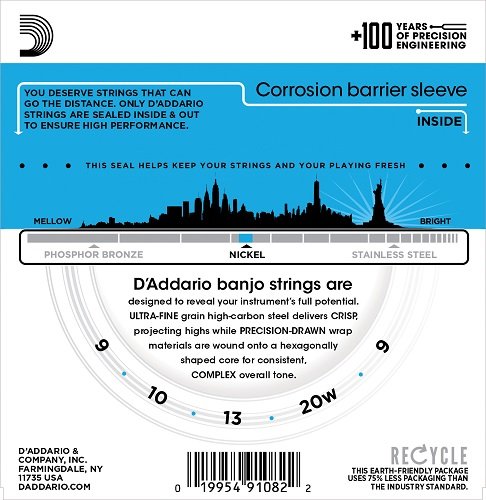 D'Addario EJ60 Nickel 5-String Banjo Strings, Light, 9-20