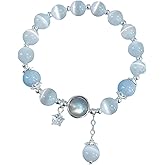 Crystal Beaded Stretch Bracelet, Blue Glass Beads with Charm, Women's Fashion Jewelry
