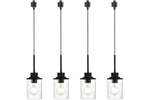 MILUCES 4-Lights H-Type Track Lighting Kitchen Pendant Light Dimmable Black Track Pendant Lighting Fixtures with Clear Glass Shades, Overall Height Approximately 45.8 Inches