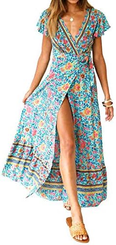 Maxi Dresses for Women, Bohemian Long Floral Printed Wrap V Neck Short Sleeve Split Beach Dress for Summer