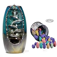BELUPAID Ceramic Backflow Incense Burner Home Decor Refluxing Waterfall Censer Holder with 40 Pcs Backflow Cones Flowers Incense Office Ornament