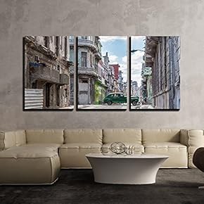 3 Piece Canvas Wall Art - Vintage City with Old Buildings - Modern Home Art Stretched and Framed Ready to Hang - 16"x24"x3 Panels