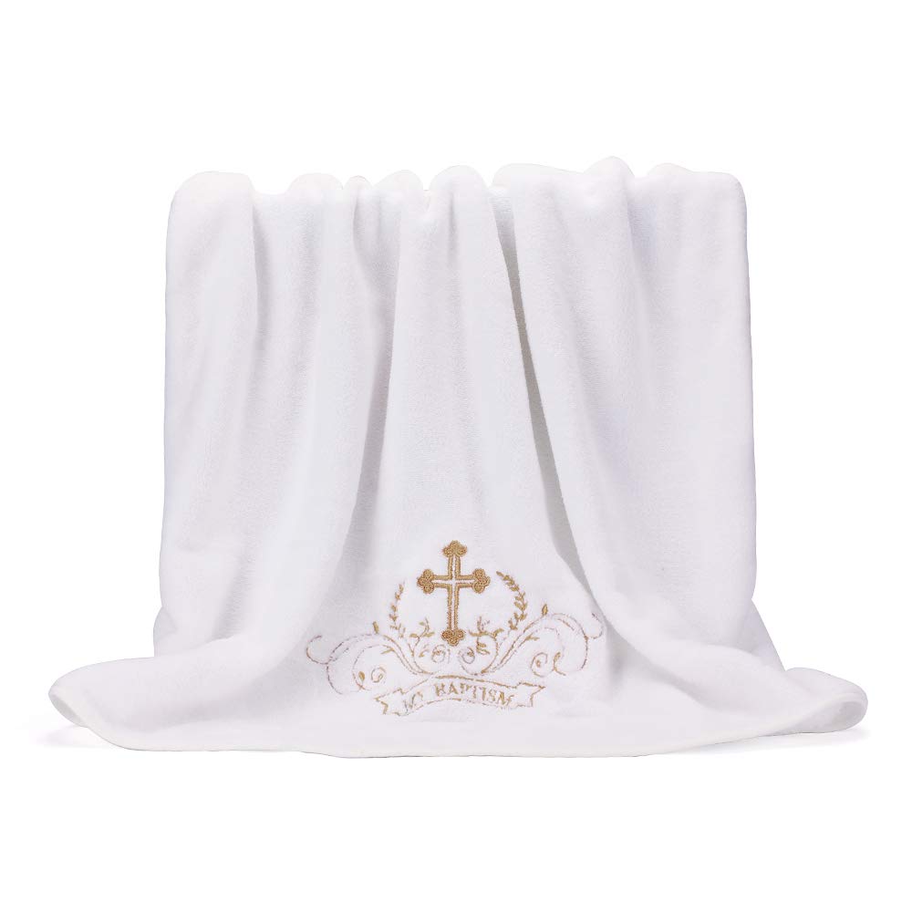 LACOFIA White Towel Unisex Baby Blanket,White with Gold Embroidery, Personalized Gifts for Boys or Girls, Full Bath Towel Size 59"*30"