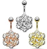Flower Head with Gems CZ 316L 14GA Navel Belly Ring - Choose Silver Tone, Gold Tone, or Rose Gold Tone