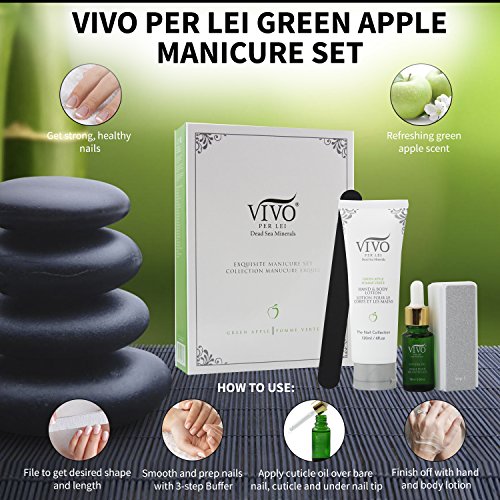 Vivo Per Lei Nail Buffer Set | Dead Sea Nail Buffer and Shine Kit for Salon Quality Manicure | Nail Filing Kit with 3-Step Buffer, Cuticle Oil, Hand Lotion | Manicure Set for Classy Nails