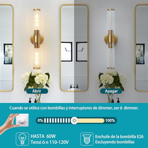 Deyidn Lámpara de pared dorada, lámpara de espejo de maquillaje de baño de vidrio roscado, lámpara de pared moderna de 19,84 pulgadas