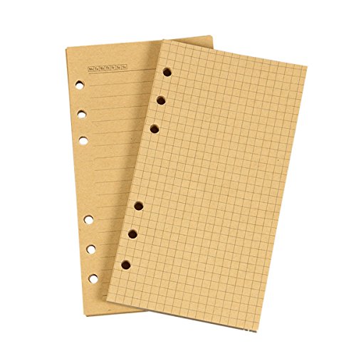 RIANCY A6 Refill Lined Paper 6 Hole Lined Kraft Paper for Loose Leaf Binder Notebook Leather Journal Refills Diary Set of 2 40 Sheets/80 Pages Per Item (Grid,2 Pack)