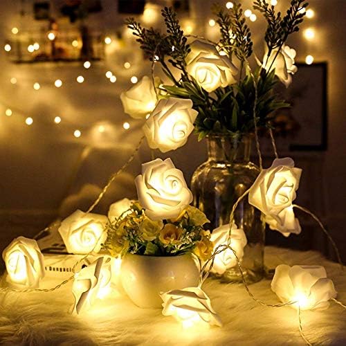 Rose Lights, Rose Flower Fairy String Light with 2 Optional Colors, 10ft 20 LEDs Battery Operated Night Light with Remote Control for Kids Bedroom, Mirror, Walls, Windows, Wedding (White&Yellow)