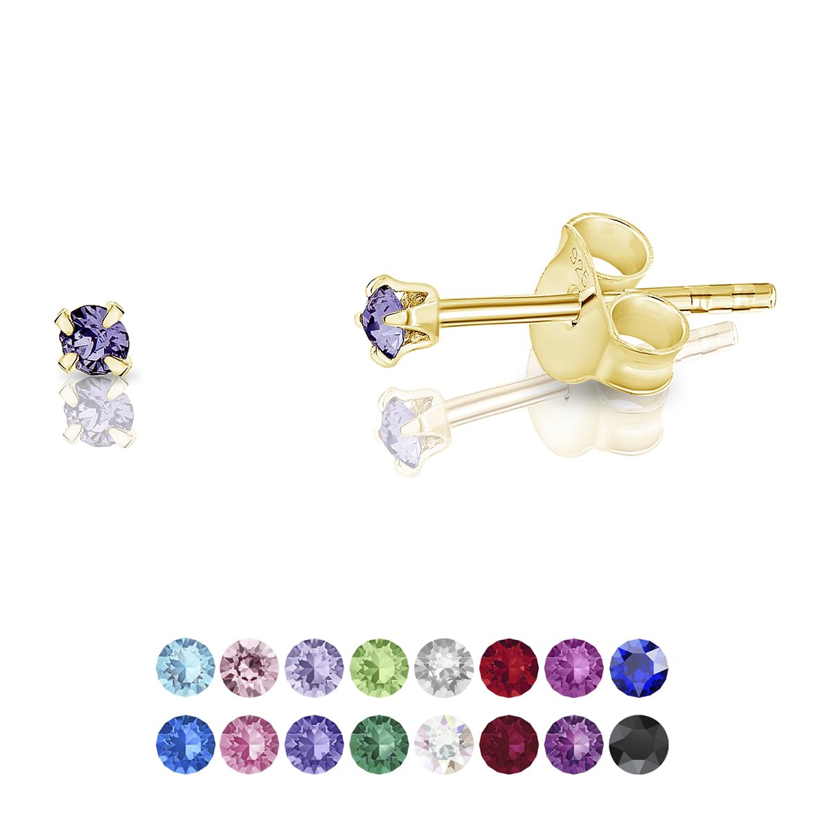 DTPSilver - 925 Sterling Silver Yellow Gold plated Round TINY Stud Earrings made with Glittering Crystals from Swarovski® Elements - Diameter: 2 mm - Colour : Tanzanite
