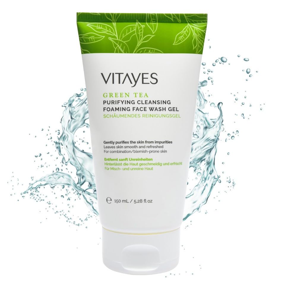 Vitayes Green Tea Face Wash Gel - Ideal for Acne & Blemish-Prone Skin, Vegan, Thorough Cleansing Without Skin Dryness, Free from Silicones and Mineral Oils 150ml