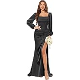 Dvdci Satin Long Sleeve Bridesmaid Dresses with Slit 2026 Mermaid Ruched Square Neck Formal Evening Gown