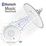 Morpilot Shower Head, Polished Chrome Top Spray Rain Shower Head with Waterproof Music Jet Wireless Bluetooth Speaker, Showerhead Audio Box Built-in Mic with Answer Calls Button