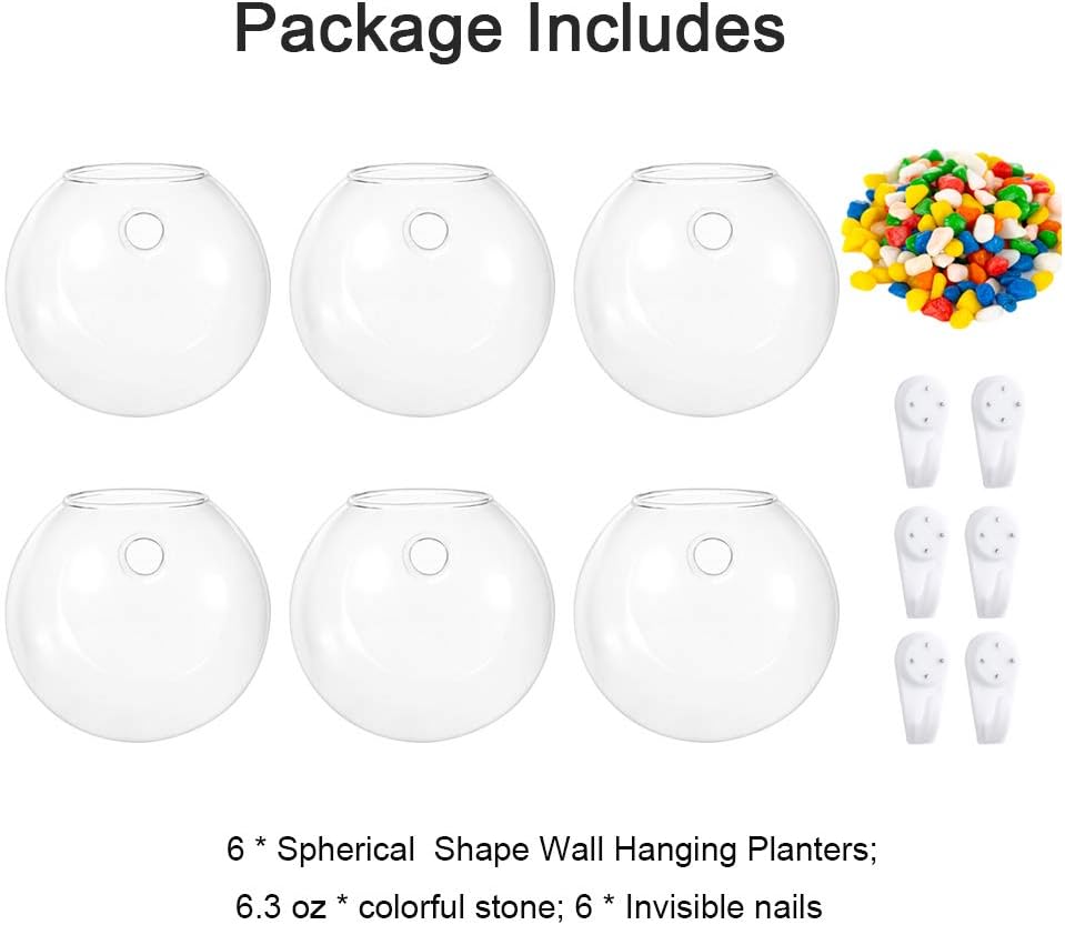 Glasseam Wall Hanging Glass Planters 6Pcs Spherical Shape Plant Pots Terrarium Container Vase with 6.36 OZ Colorful Stones Indoor Outdoor for Home Garden Office Wedding - Image 3