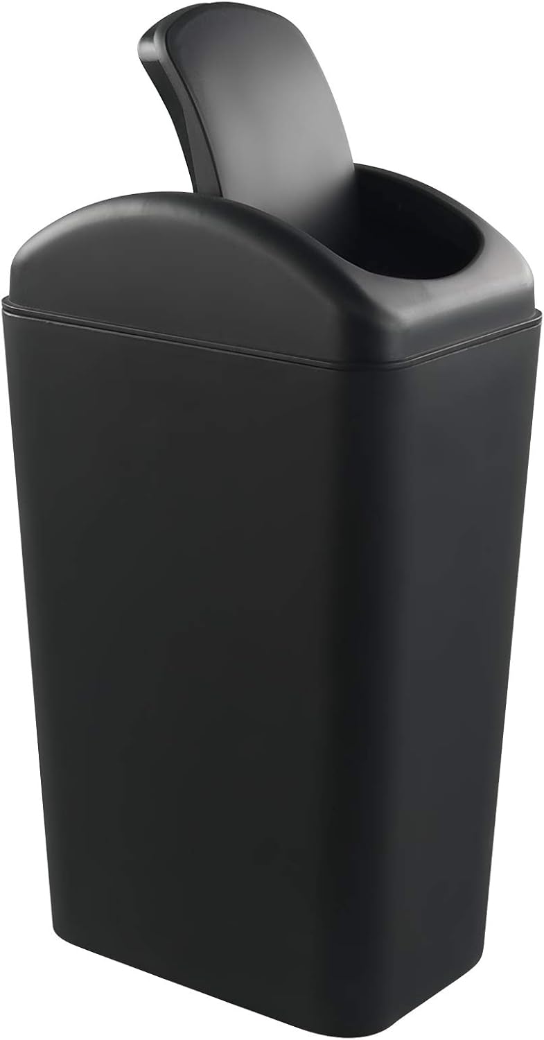 Hespapa 14L Slim Plastic Dustbin, Black Waste Bin with Swing Lid