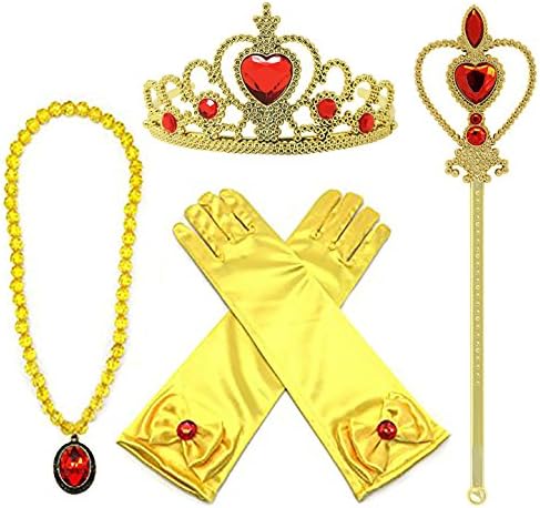 Princess Belle Yellow Dress up Party Accessories 4 Set Gloves, Tiara, Wand and Necklace