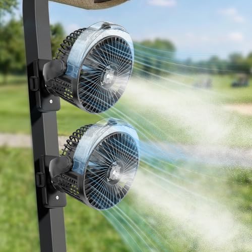 BOYISEN 2-Pack Golf Cart Fan with Mister, 2x Magnets & Secure Strap, 12000mAh Battery Operated Misting Fan with 4 Speeds, LED, Timer, Ideal for EZGO Club Car Yamaha, Golf Cart, Cruise Ship Accessories