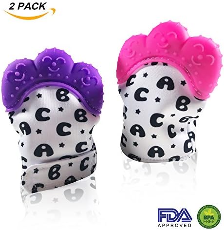 Teething Mitten for Babies - 2 Pack Pink and Purple Teether Mitt – Self-Soothing Teething Gloves BPA Free Food Grade