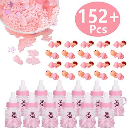 Baby Shower Pink Candy Bottle Gift Box Feeder Style Mini Plastic Sleeping Baby and 'It's a Girl' Baby Shower Confetti for Baby Shower Favors Table Party Decorations Supplies.(152 Pieces) (Girl)