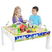 ZONXIE Wooden Train Track Set with Table for Kids Toddlers Creative Play Train Set and Table (80 pcs)