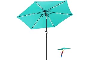 FRUITEAM 7.5 ft Solar Umbrella 24 LED Lighted Patio Umbrella Table Market Umbrella with Tilt and Crank Outdoor Umbrella for Garden, Deck, Backyard, Pool and Beach