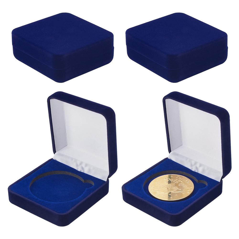 FINGERINSPIRE 4 Pcs 40mm Midnight Blue Velvet Challenge Coin Storage Gift Box 6.6x6.6x2.8cm Square Badge Presentation Display Box Single School Emblem Badge Display Holder Medal Storage Case