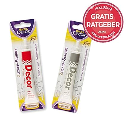 Garnierschrift Set weiß + rot - inkl. Gratis Ratgeber | Kuchenschrift Tortenschrift Zuckerschrift für Torten Kuchen Muffin Cu