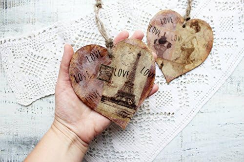 Set of 2 wooden heart ornaments Valentines day vintage retro rustic off white sepia brown shabby wedding favors bridal shower Paris France Mother's Day Father's Day gift Christmas baptism 130317-7