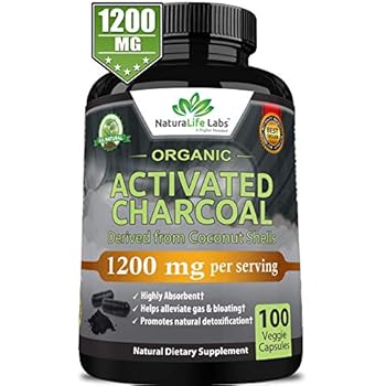 Organic Activated Charcoal Capsules - 1200mg Highly Absorbent Helps Alleviate Gas & Bloating Promotes Natural detoxification Derived from Coconut Shells - per Serving - 100 Vegan Capsules