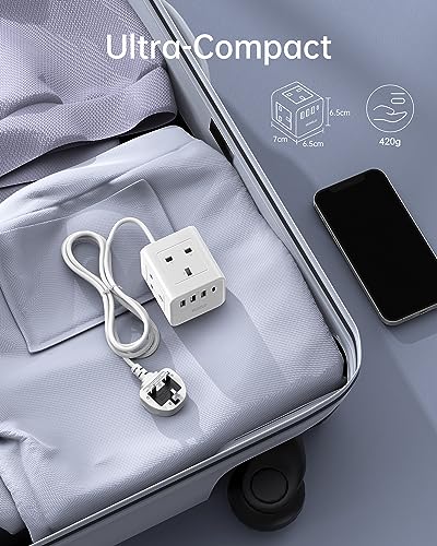 Cube Extension Lead with 4 USB Slots, Kemelo 4 Way (13A/3250W) Multi Plug Extension Cable with Child Safety UK Desktop Power Extension Socket,1.5M Extension Cords for Home Dorm Office Travel